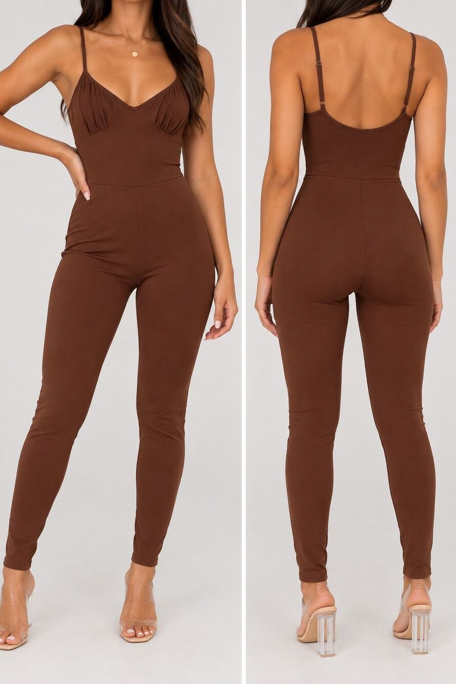 Windsor Brown Ruched Bust Cami Jumpsuit Skinny Leg Y2K Going Out